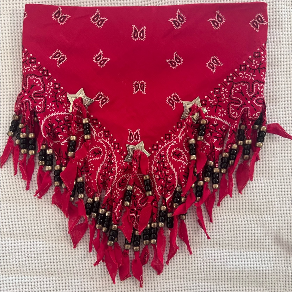 Red Bandana with Beaded Fringe